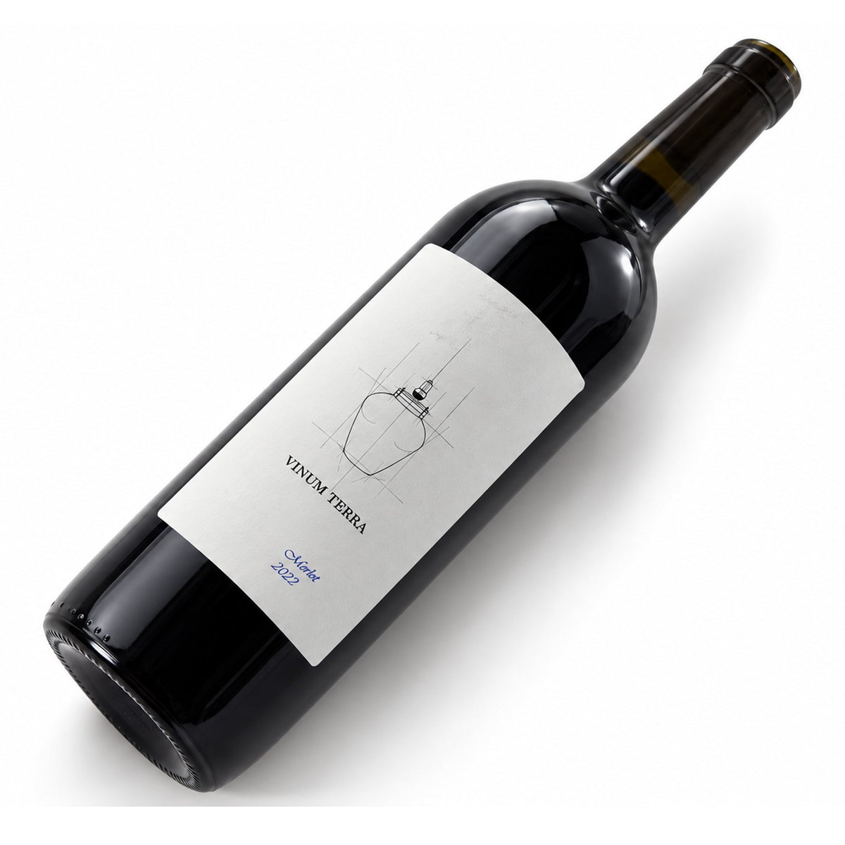 Vinum Terra Merlot no added sulphite wijnfles op witte studioachtergrond